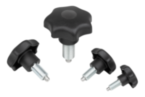 Pokrętła zaciskowe z zatrzaskiem ze stali z pokrętłem gwiaździstym z tworzywa sztucznego Pokrętła zaciskowe z zatrzaskiem ze stali z pokrętłem gwiaździstym z tworzywa sztucznego