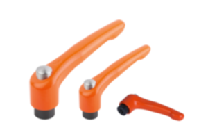 Clamping levers, die-cast zinc, with internal thread and protective cap, pure orange satin finish, threaded insert black oxidised steel Clamping levers, die-cast zinc, with internal thread and protective cap, pure orange satin finish, threaded insert black oxidised steel
