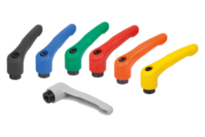 Clamping levers, plastic with internal thread, threaded insert black oxidised steel Clamping levers, plastic with internal thread, threaded insert black oxidised steel