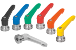 Clamping levers, plastic with internal thread and clamping force intensifier, threaded insert stainless steel Clamping levers, plastic with internal thread and clamping force intensifier, threaded insert stainless steel