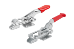 Horizontal latch clamps, steel or stainless steel, with catch plate and red plastic grip Horizontal latch clamps, steel or stainless steel, with catch plate and red plastic grip