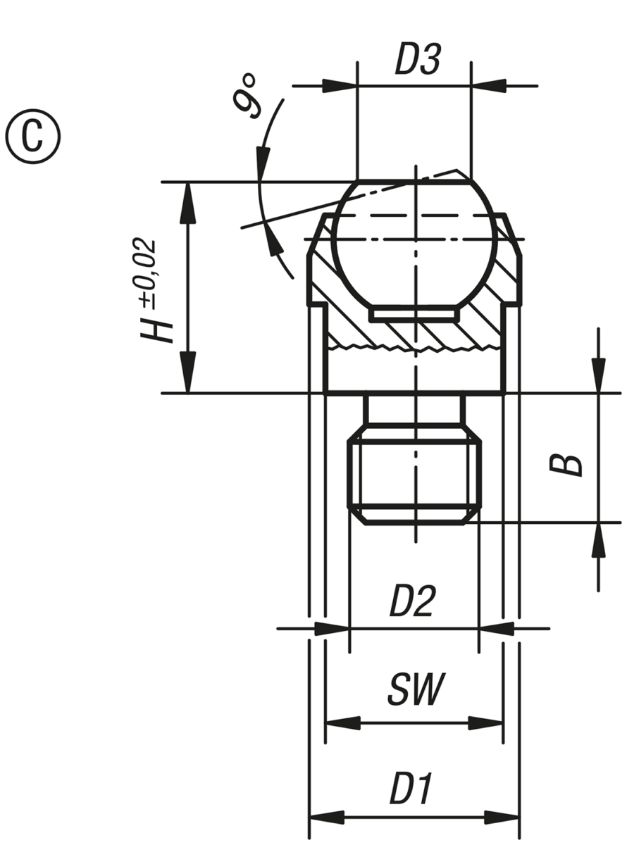 Podstawki wahliwe, forma C, z gwintem zewnętrznym, kulka spłaszczona, gładka