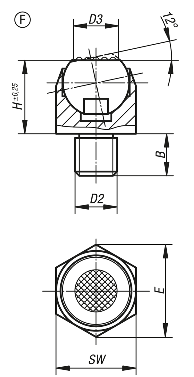 Podstawki wahliwe, kąt wychyłu 12°, forma F, z gwintem zewnętrznym, kulka spłaszczona, ryflowana