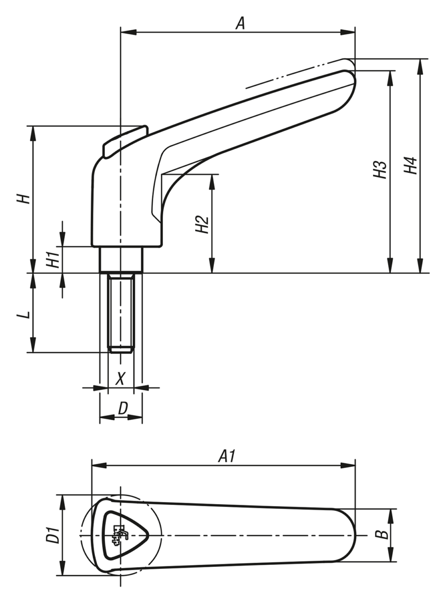 Rękojeści nastawne z tworzywa sztucznego ergonomiczne z gwintem zewnętrznym, wstawka gwintowa stalowa pasywowana na niebiesko