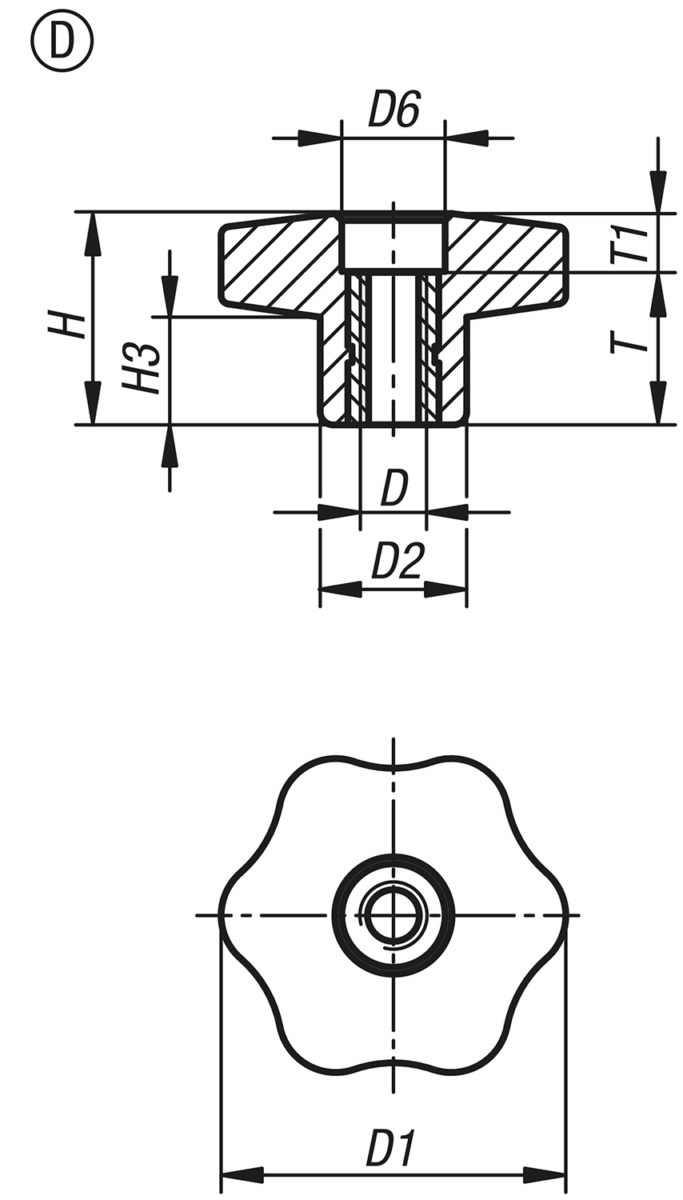 Pokrętła gwiaździste, forma D, z tuleją gwintowaną, bez pokrywy